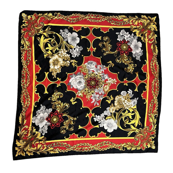 Challis Berkshire Large Scarf Shawl Black Red Yellow Multi Color Floral Scroll - Picture 2 of 8